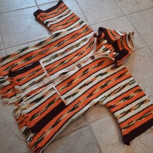 Upcycled vtg afghan Coat M orange stripe Don't Throw It Out